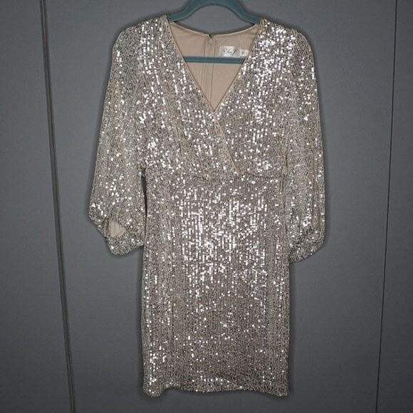 Eliza J Silver Sequined Blouson Surplice V-Neck Cocktail Dress Size 0 NWT - Picture 3 of 10